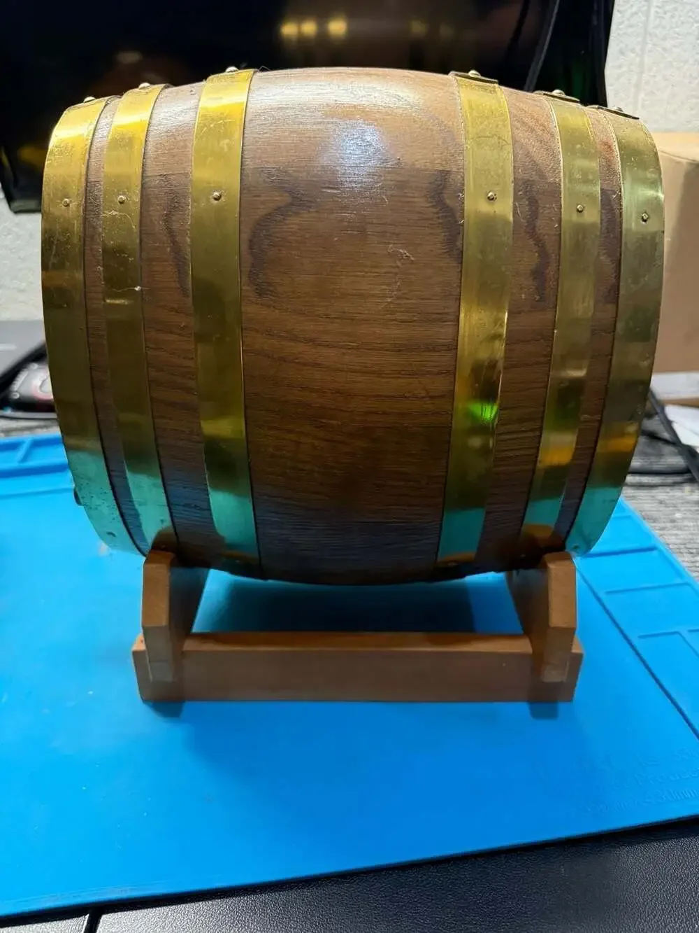 Vintage Small Oak Wood Wine Barrel Cask with Brass Hoops and Wooden Stand